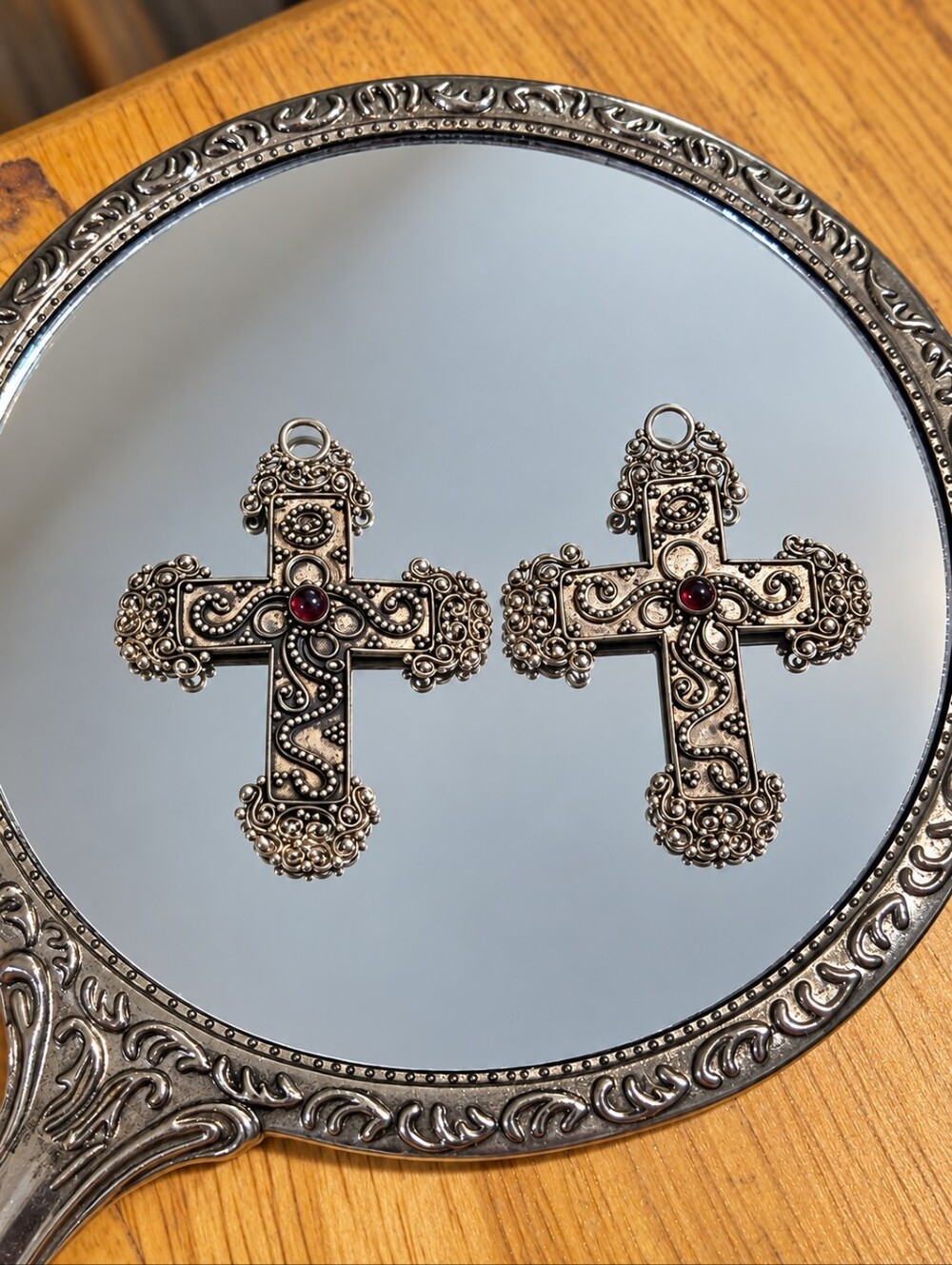 Vintage Sterling Silver Ornate Cross Pendants Pair Garnet
